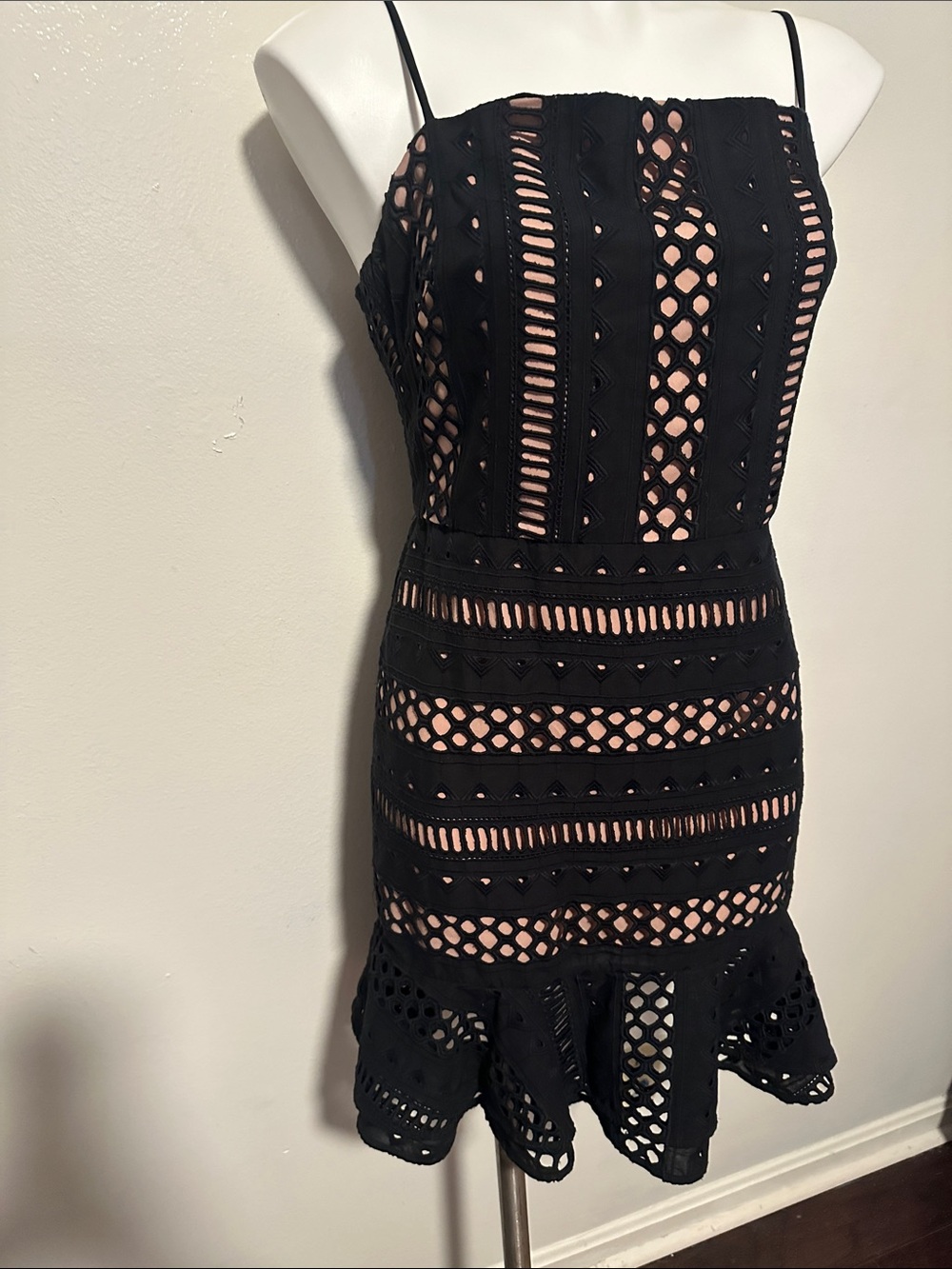 Black Crochet Mini Dress with Nude Lining
